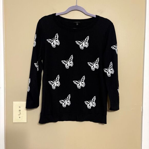 Talbots Crewneck Sweater Black White Butterfly 3/4 Sleeve Petite Medium - Picture 1 of 6